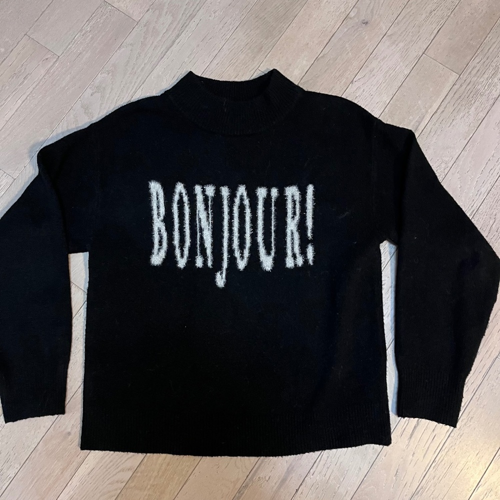 Women's A New Day - Size Med. Crewneck Graphic "BONJOUR!"  Pullover Sweater